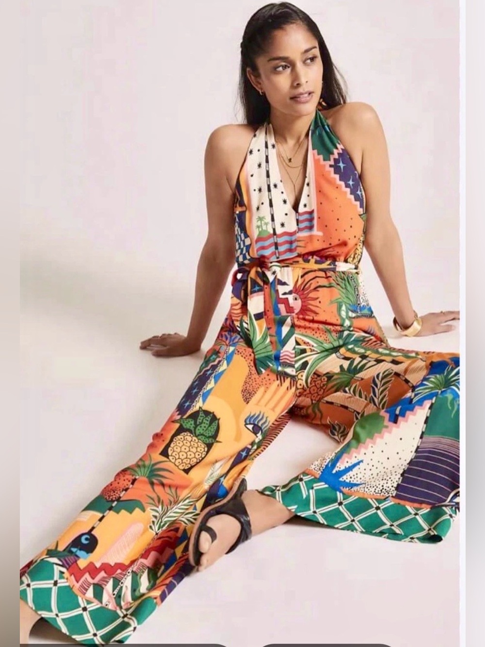 FARM RIO x Anthropologie Halter Jumpsuit W/ MCM Vibrant Tropical Print. Wide Leg